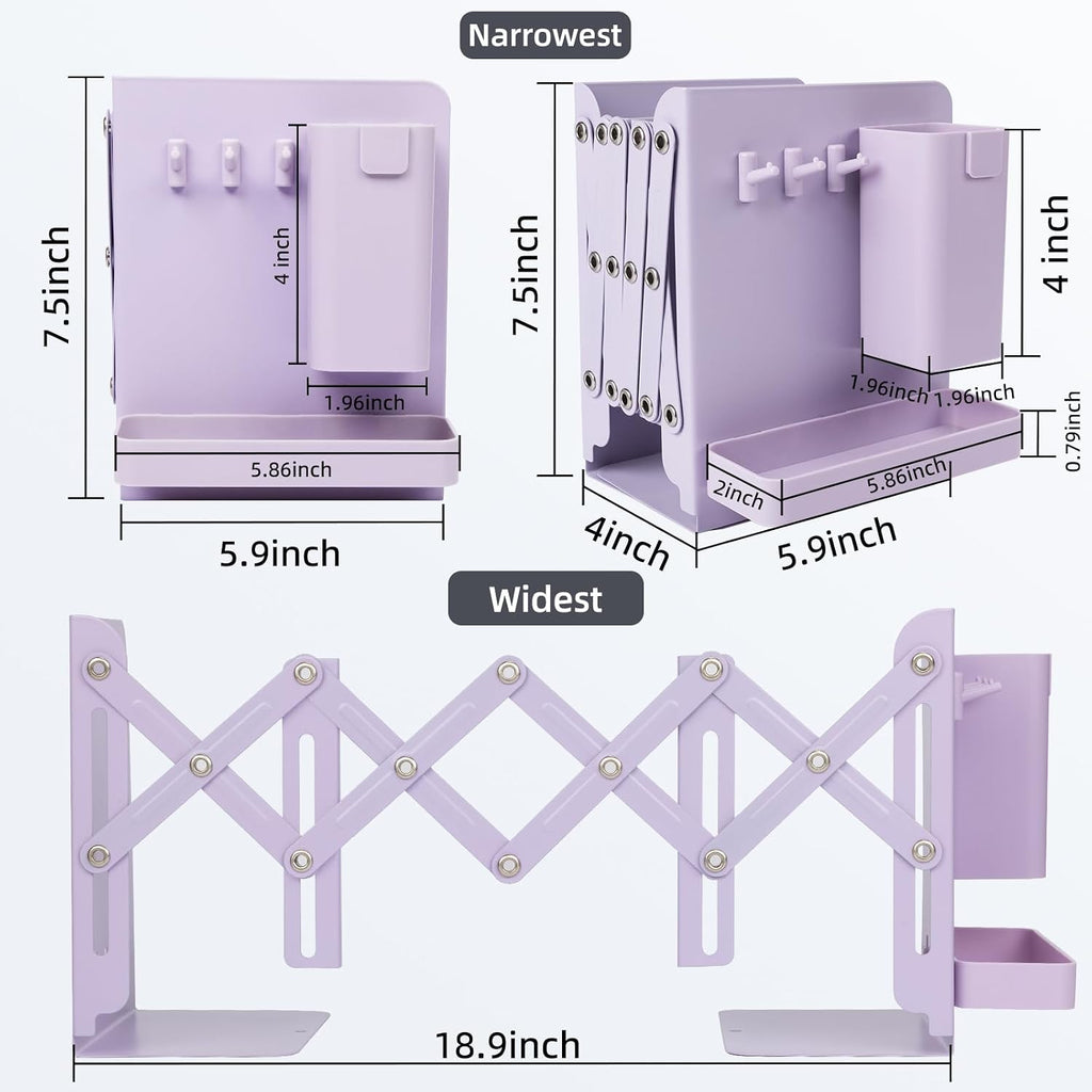 Adjustable Bookends, 19" Metal Book Ends for Heavy Books, 2 Dividers Bookends with Removable Pen Holder, Tray, and 3 Hook-up, Book Organizer for Office, School, Bookstore, Home