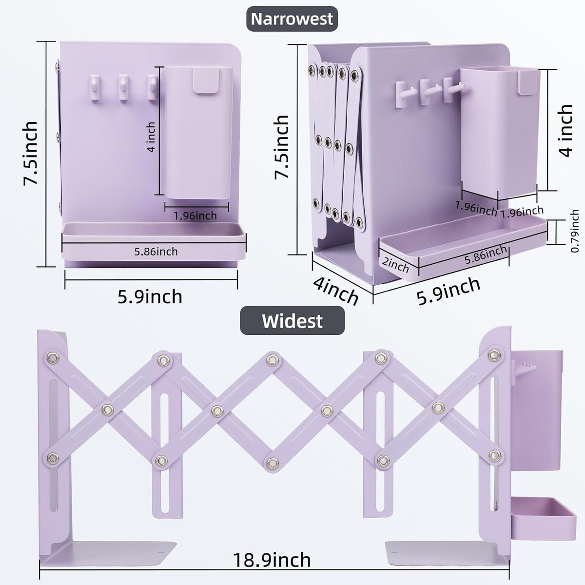 Adjustable Bookends, 19" Metal Book Ends for Heavy Books, 2 Dividers Bookends with Removable Pen Holder, Tray, and 3 Hook-up, Book Organizer for Office, School, Bookstore, Home