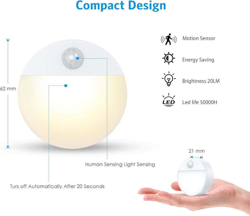 AMIR Upgraded Mini Motion Sensor Light Battery-Powered, Cordless Stick-on LED Night Light, Wall Lights, Closet Lights, Safe Light for Stairs, Hallway, Bathroom, Kitchen, Cabinet (6 PCS - Warm White)