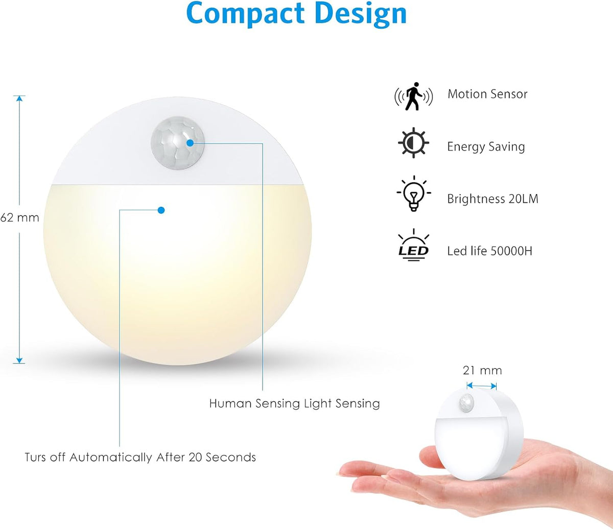 AMIR Upgraded Mini Motion Sensor Light Battery-Powered, Cordless Stick-on LED Night Light, Wall Lights, Closet Lights, Safe Light for Stairs, Hallway, Bathroom, Kitchen, Cabinet (6 PCS - Warm White)