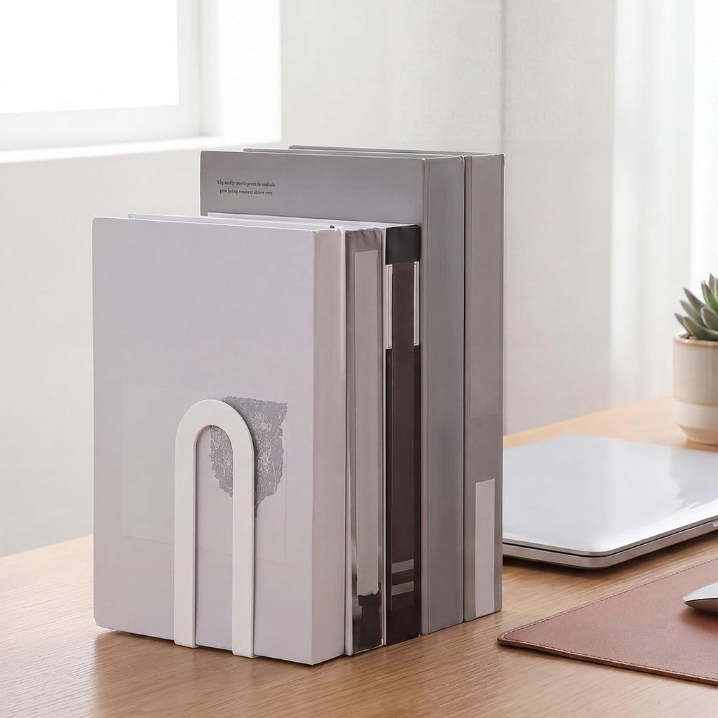Chunful 6 Pcs White Modern Metal Book Ends for Shelves Decorative Small Bookends Book Shelf Organizer Minimalist Design Stopper to Hold Books for Office (Round)