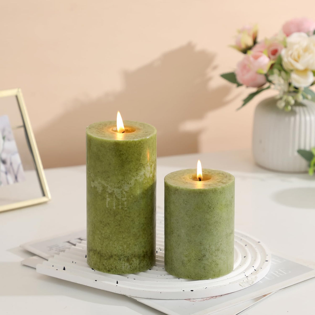 3x4 inch Green Pillar Candles Set of 3, Unscented Pillar Candle, Dripless and Smokeless Large Candles, Candle for Home Decor, Dinner Table,Weddings, Holidays (Pack of 3)