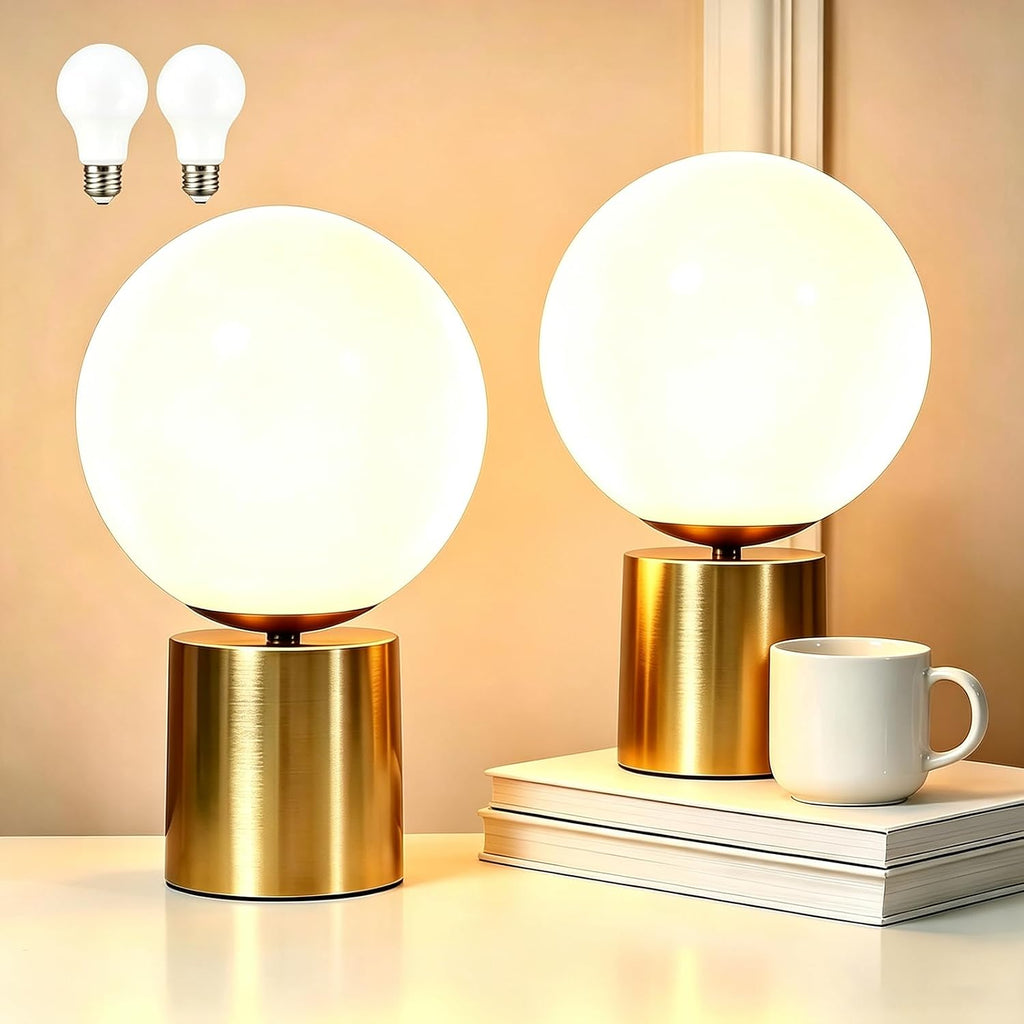 Modern Mid Century Gold Globe Table Lamp Set of 2, Round Bedside Nightstand Lamp with White Glass Shade Metal Base Desk Lamp for Bedroom Living Room End Table