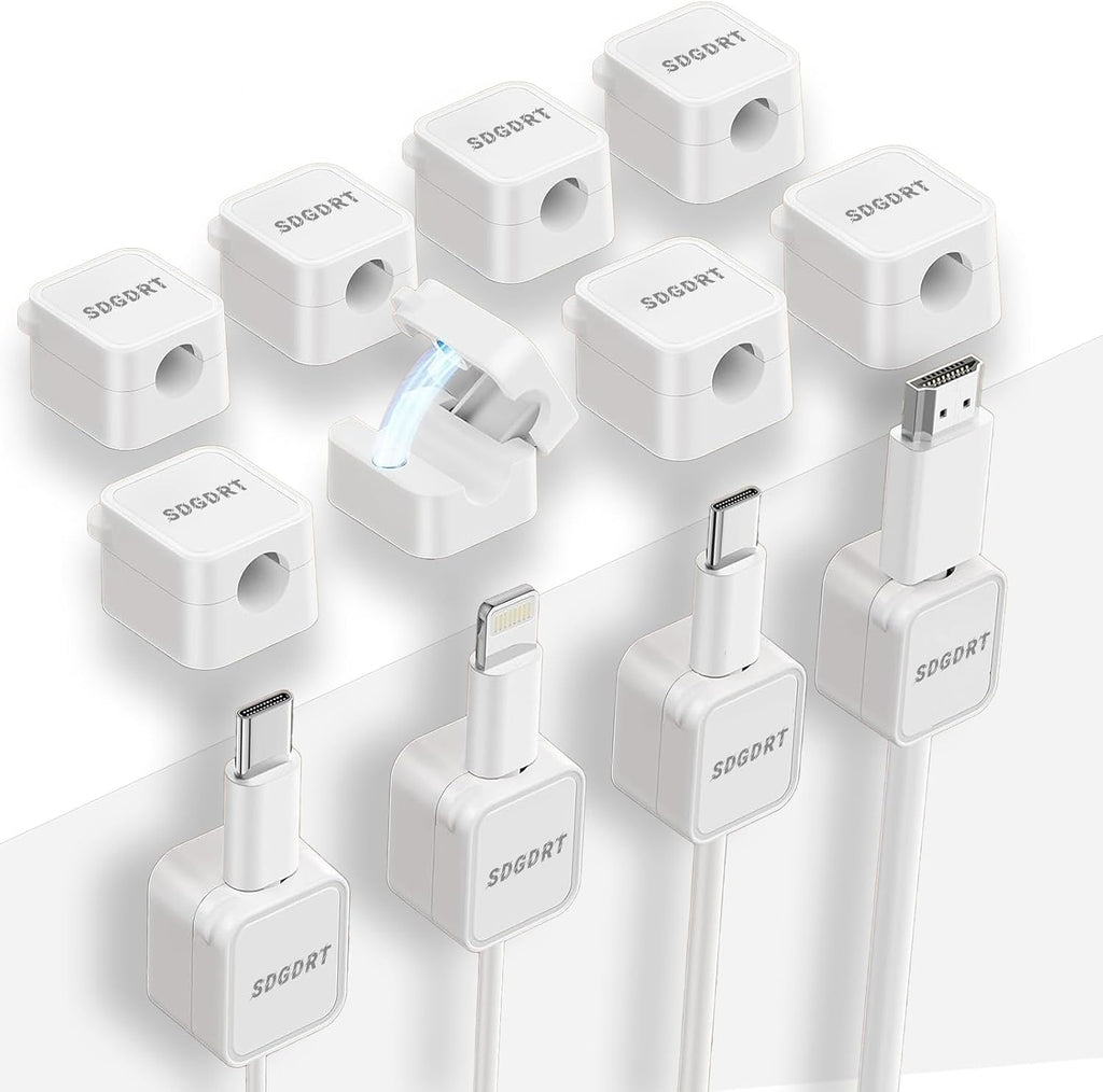 12 Pack Mini Magnetic Cord Holder, Residue-Free Self Adhesive Auto-Lock Cable Clips, Reusable Wire Keeper for Desktop, Car, Nightstand, Charging & Earphone Wires, White Cable Organizer Clips