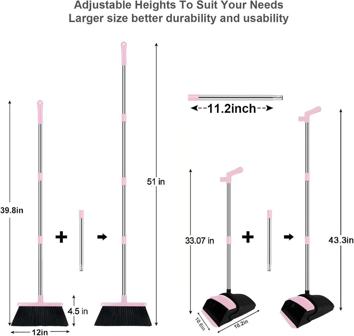 Pink Broom and Dustpan Combo Set, 51" Long Handle Broom