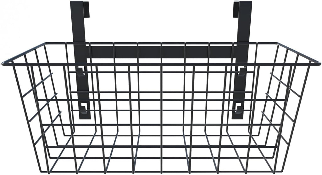 MaraFansie Basket with Hook, Grid Storage Basket, Over the Cabinet Door Organizer, Wire Hanging Basket with Hook Over the Railing, Under Sink Kitchen Cabinet, Pantry, Bathroom, Black, 2 Pack
