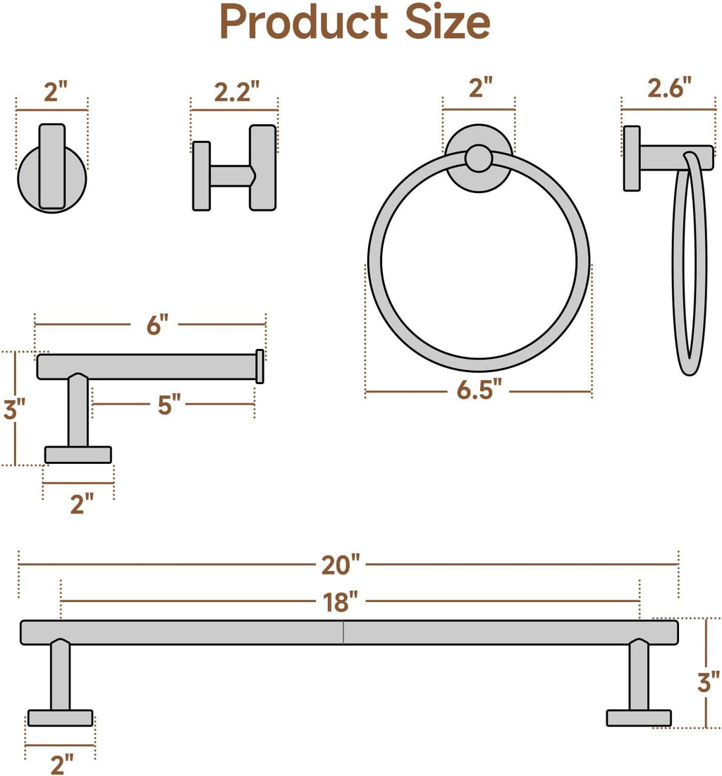 USHOWER 8PCS Brushed Nickel Bathroom Hardware Set, 18-Inch Towel Bar Set