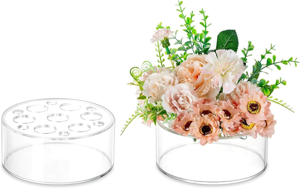 Acrylic Flower Vases for Centerpieces Round – Hewory 2pcs Short Clear Floral Vase with 13 Holes, Box Arranger Bulk Low Base Holder for Wedding Birthday Party Event Dining Table Decor, 2.56"(H)×5.9"(D)