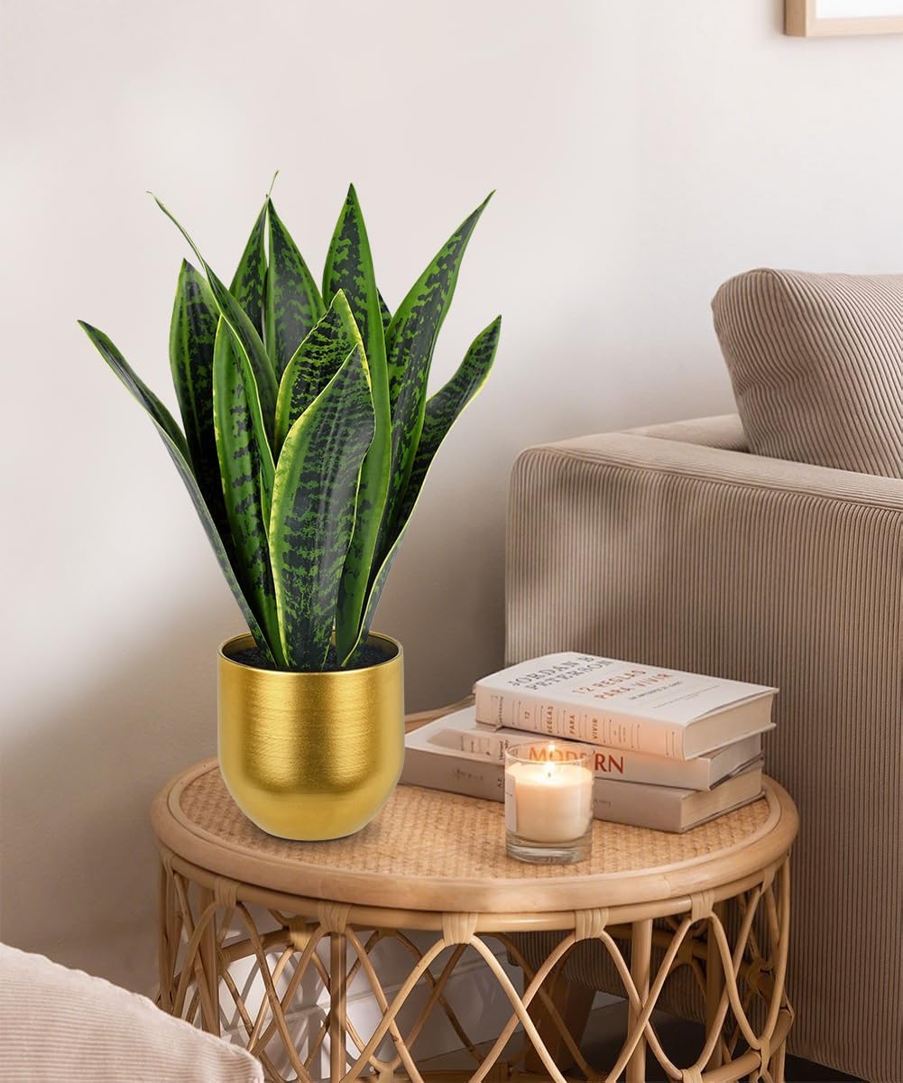 Briful Fake Plants 17" Artificial Snake Plant Faux Plants in Gold Pot Tropical Sansevieria Silk Plant Fake Potted Plants Indoor for Home Living Room Bathroom Office Housewarming Gift Decor