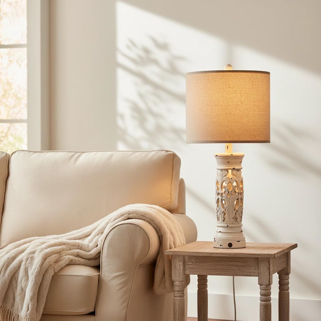 27.25" Farmhouse Lamp with Night Light, Rustic Table Lamps Set of 2, White