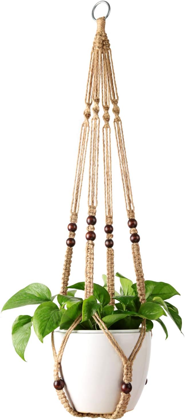 Mkono Macrame Plant Hangers Indoor Jute Hanging Planter Basket and Ceiling Hooks, Wood Beads Decorative Flower Pot Holder for Indoor Outdoor Boho Home Decor,Brown