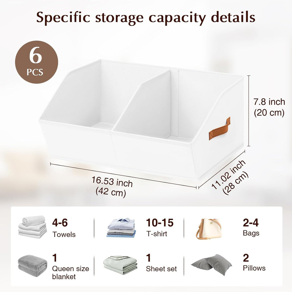 Homsorout Closet Organizers and Storage Bins - 6 Pack Collapsible Divided Trapezoidal Cube Storage Bins Baskets with Orange Handle for Organizing Clothes Blankets, Toys, Books, Towels(White)