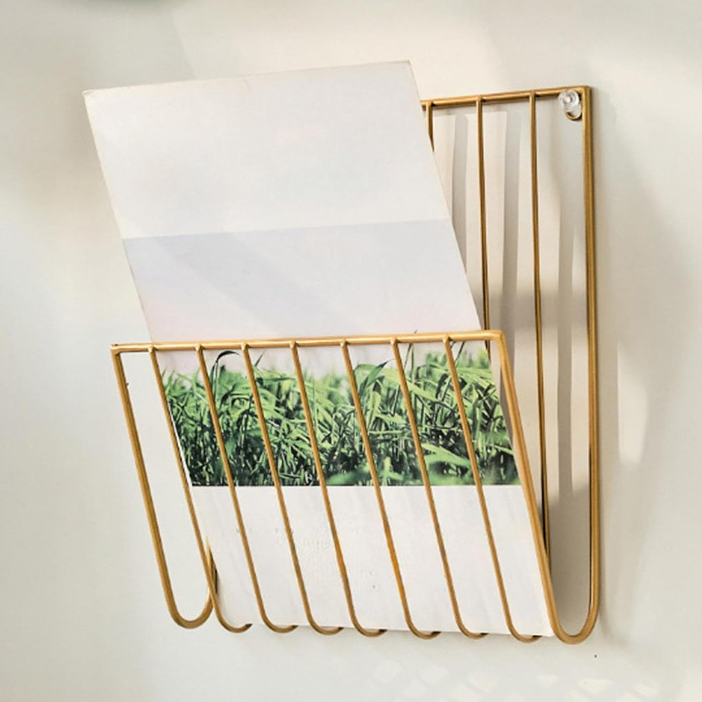 Gold Wall Mounted Magazine Rack and File Holder, A Sturdy Iron Organizer for Mail, Letters, Folders, and Papers,Decorative for Home Office or Study Room
