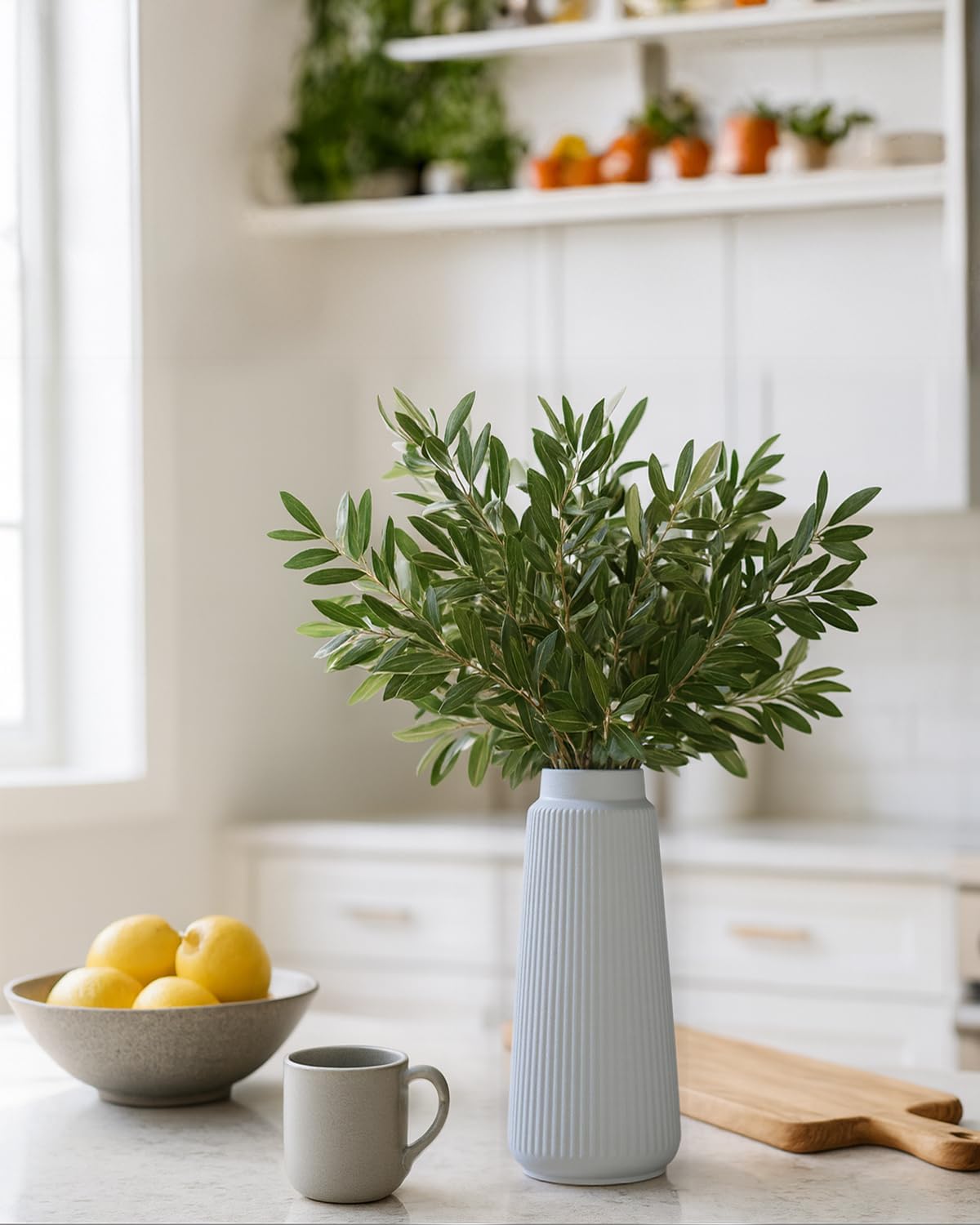 vensovo 8 Inch Glossy White Ceramic Vase, Conical Ribbed Flower Vase