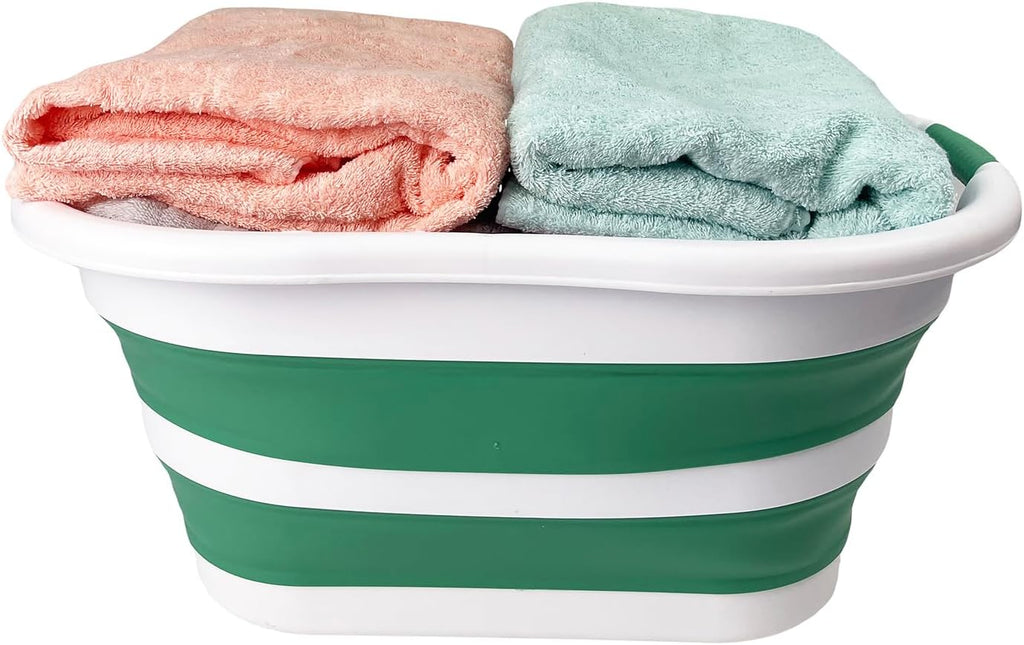 SAMMART 40L (10.5 gallon) Set of 2 Collapsible Plastic Laundry Hamper - Foldable Pop Up Storage Container/Organizer - Portable Washing Tub - Space Saving Basket (2, White/Winter Green)