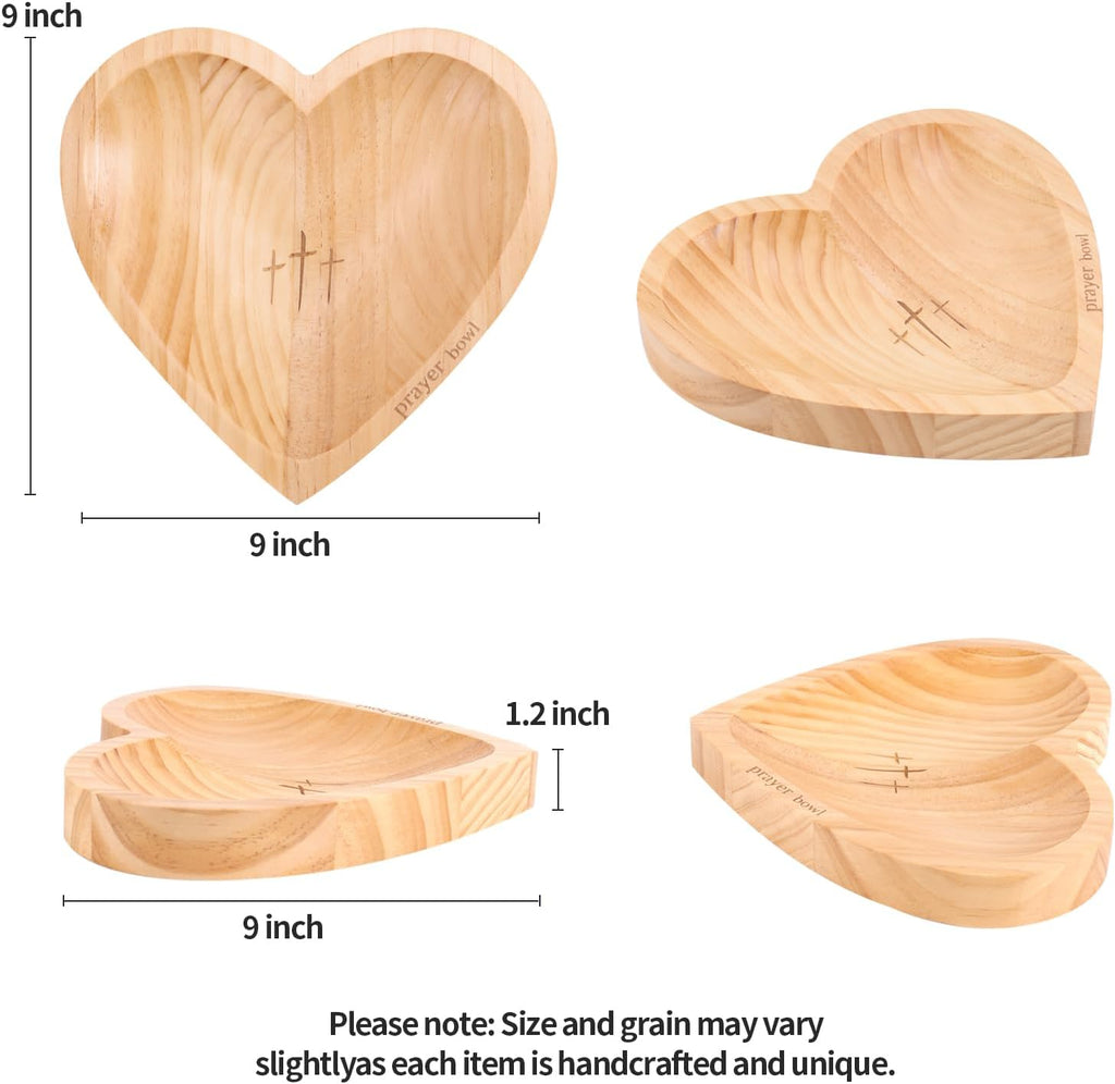Wooden Prayer Bowl with 24 Blessing Cards, Heart Shaped Bowl with Engraved Cross and Text, Enhance Home Decor or Prayer Room Ambiance(Dark Yellow)