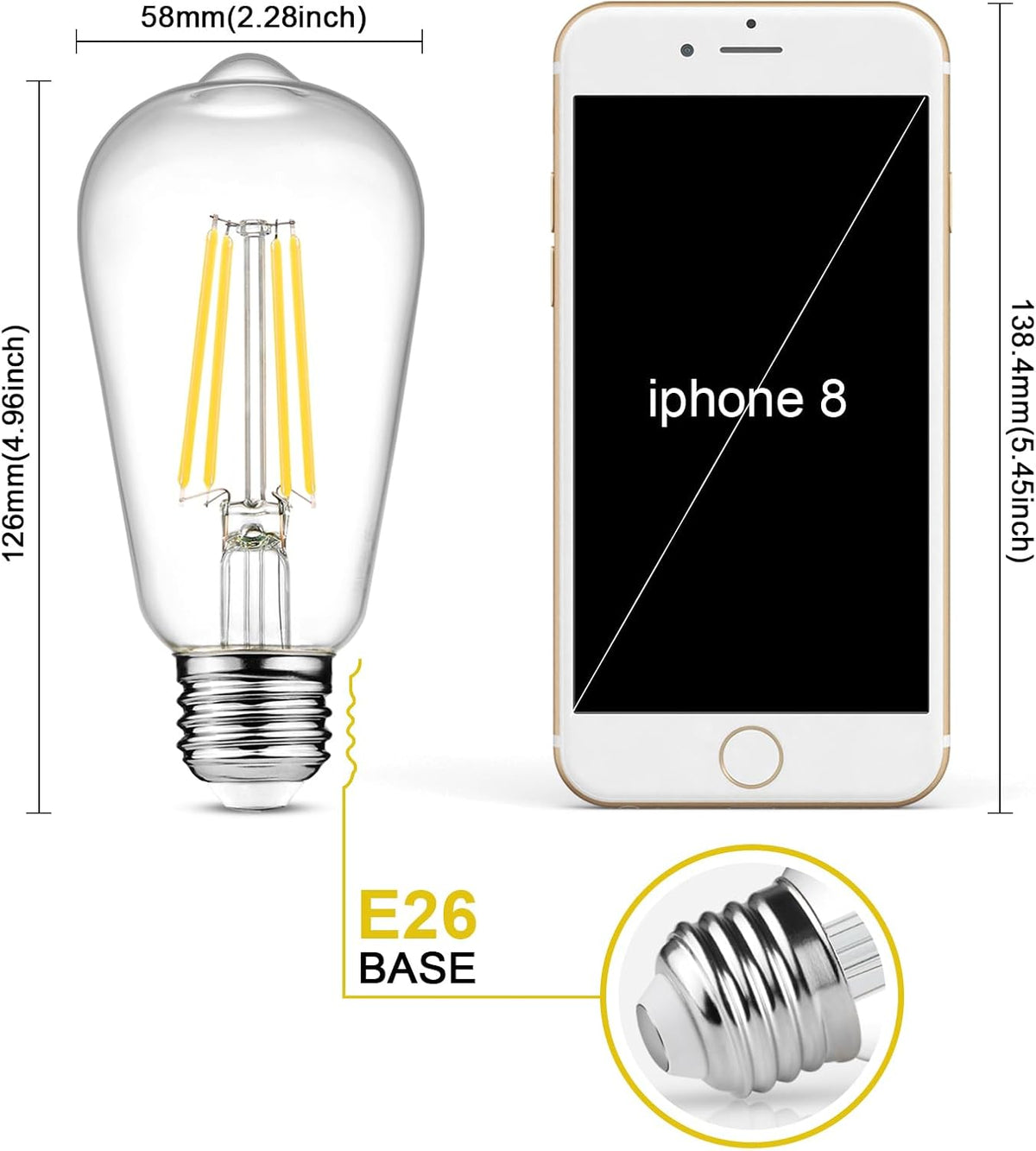 Ascher LED Edison Bulbs 6W, Equivalent 60W, High Brightness Cool White 4000K, 700 Lumens, ST58 Vintage LED Filament Bulbs with 80+ CRI, E26 Base, Non-Dimmable, Clear Glass, Pack of 8