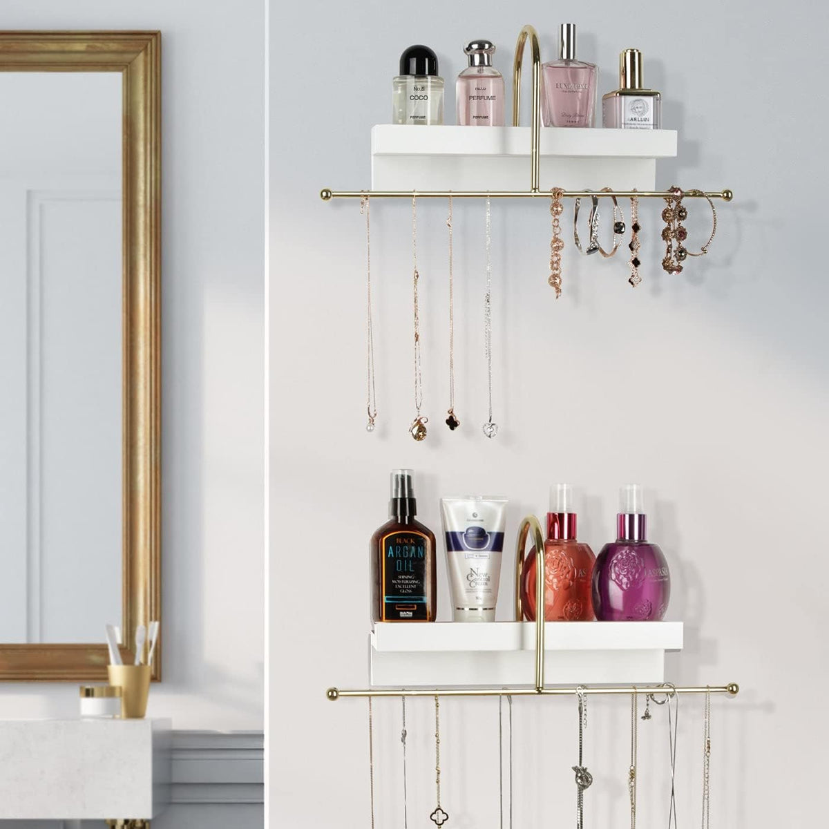 J JACKCUBE DESIGN Gold and White Wall Mounted Hanging Jewelry Organizer Holder Set of 2 for Necklaces, Rings, Bracelets and Earrings with White Display Shelf- MK692A