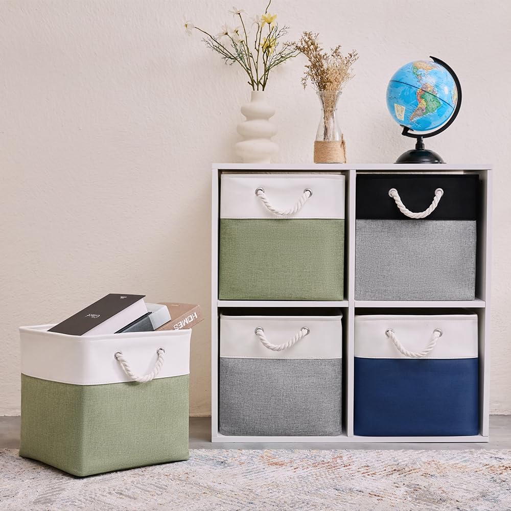Fabric Storage Cubes 13 x 13, Collapsible Storage Bins for Shelf Baskets, Cube Storage Organizer White Green Bins with Cotton Handles, Foldable Storage Bin box, Cube Storage Bin 6 Pack