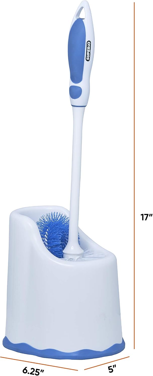 Superio Toilet Bowl Brush and Holder with Under Rim Cleaner for Bathroom, Toilet Brush and Caddy with Non Scratch Bristles and Under Rim Lip Brush, White and Blue (2 Pack)