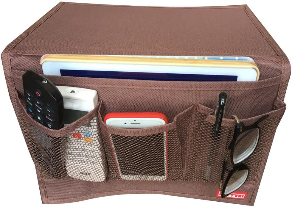Bedside Storage Organizer with 4 Pockets, Bedside Caddy, Table Cabinet Storage Organizer for TV Remote Control, Phones, Magazines, Tablets, Accessories, Brown