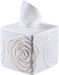 White Ceramic Cube Tissue Box Cover with Gold Rose – Large Elegant Rose Floral Square Decorative Tissue Box Holder for Bathroom, Bedroom, Office Desk, Kitchen Counter – Perfect Housewarming Gift