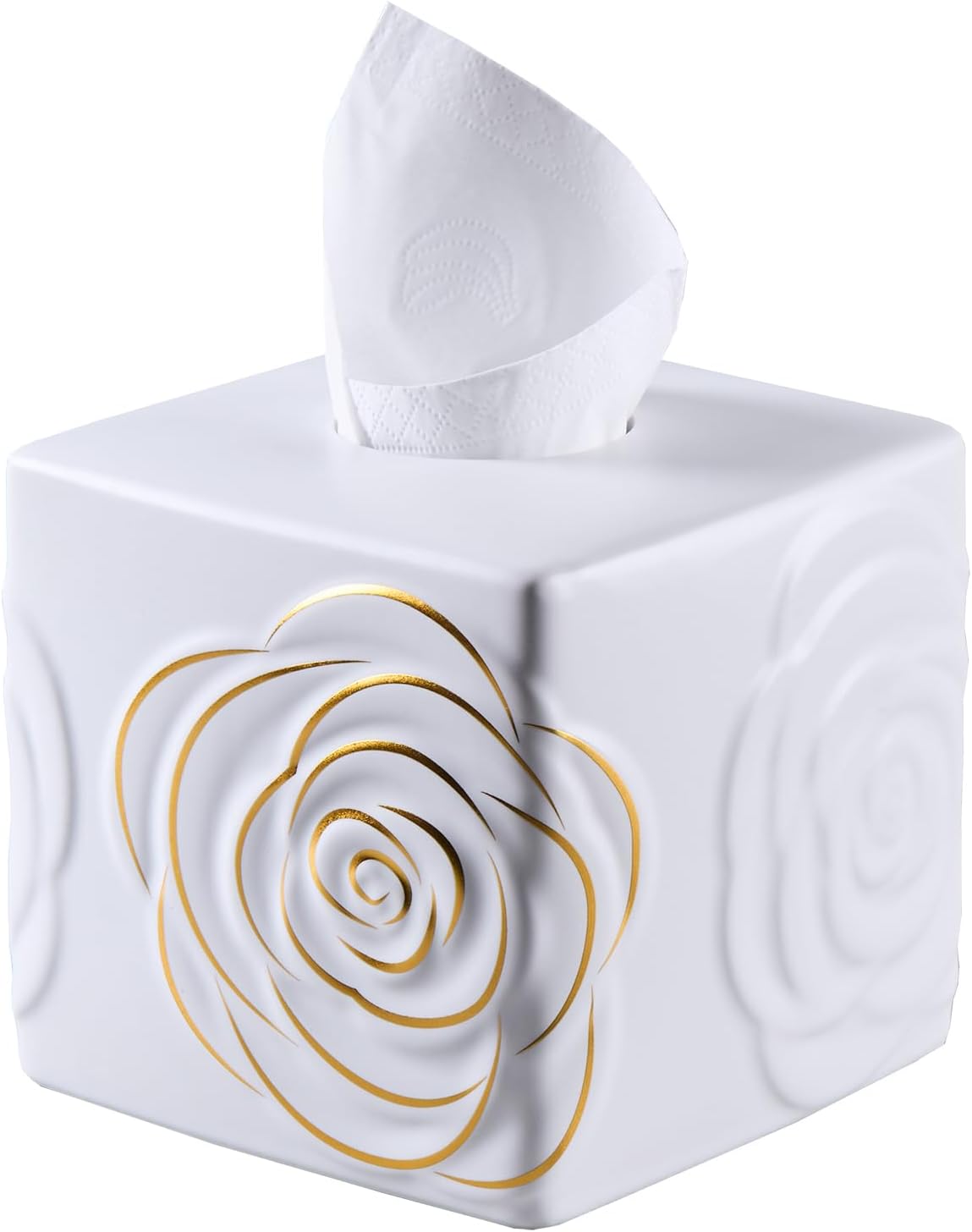 White Ceramic Cube Tissue Box Cover with Gold Rose – Large Elegant Rose Floral Square Decorative Tissue Box Holder for Bathroom, Bedroom, Office Desk, Kitchen Counter – Perfect Housewarming Gift