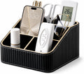 KINGFOM PU Leather Remote Control Holder, 4 Compartment Nightstand Organizer with Gold Trim, Small Desk Organizer for Office Supplies, Phone, Glasses, Pens, Bedside Table, Living Room Decor Black