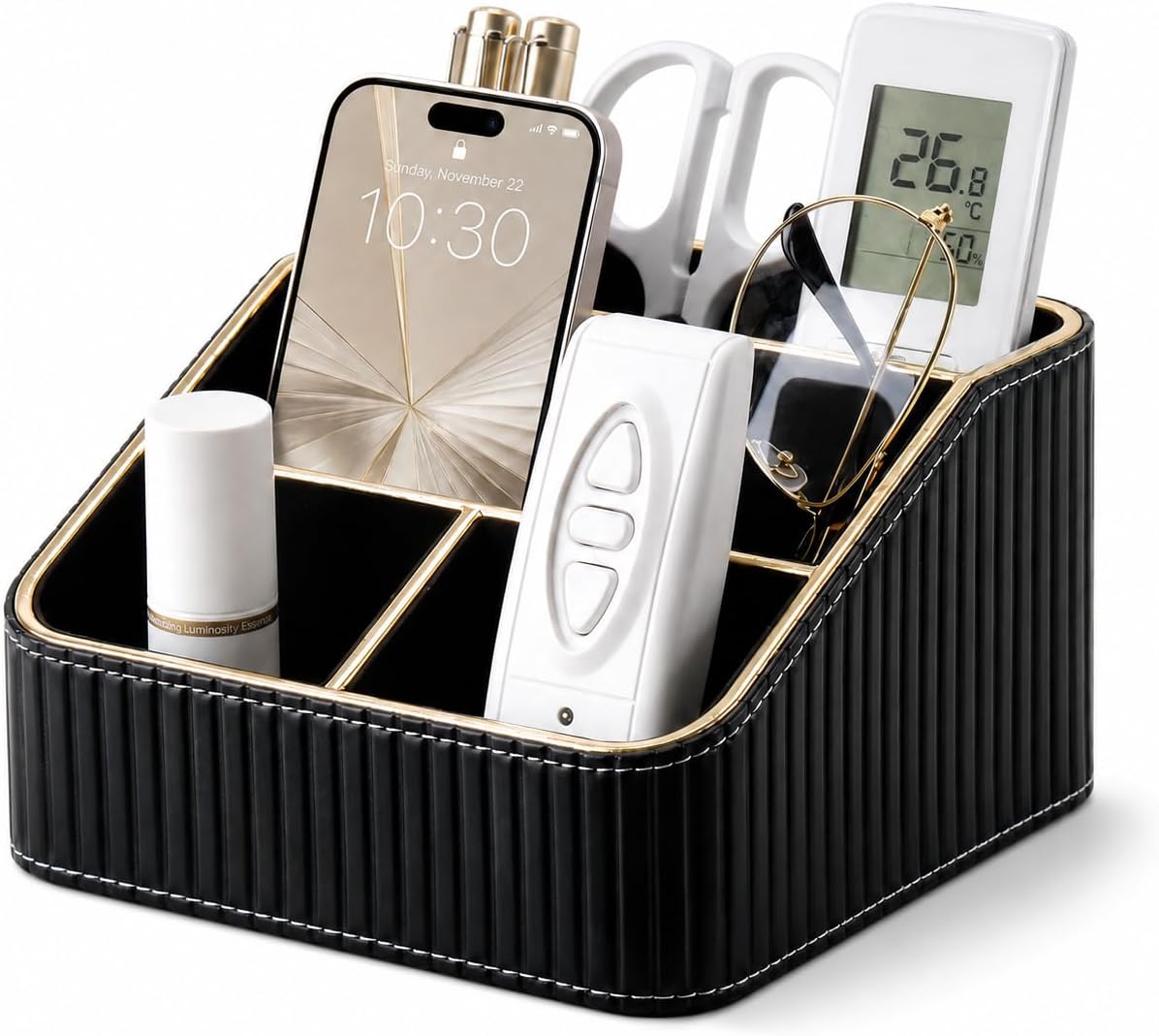 KINGFOM PU Leather Remote Control Holder, 4 Compartment Nightstand Organizer with Gold Trim, Small Desk Organizer for Office Supplies, Phone, Glasses, Pens, Bedside Table, Living Room Decor Black