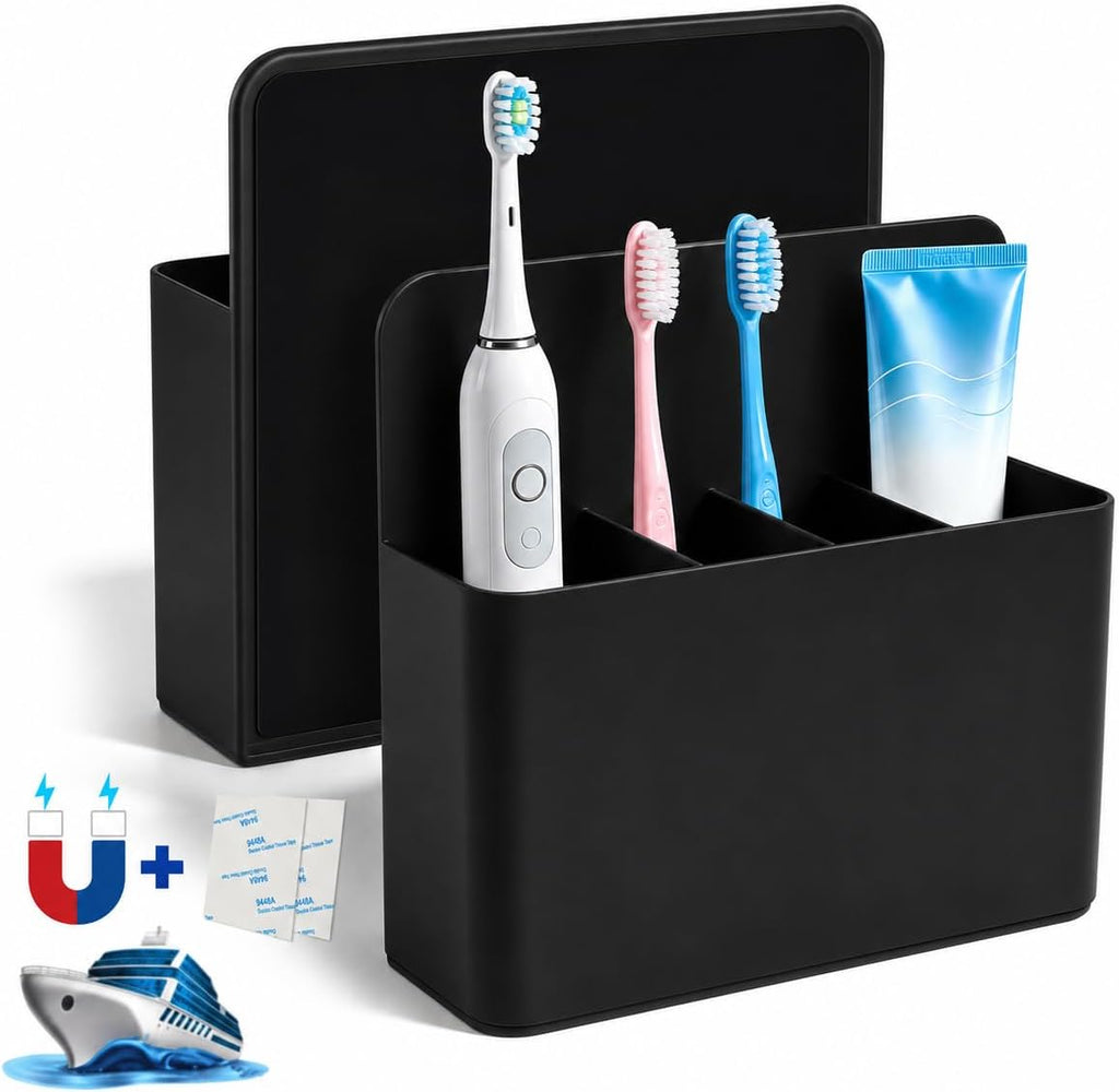 AgePlace 2 Pack Magnetic Toothbrush Holder for Cruise Ship Cabins, Toothbrush Holders Wall Mounted with 3 Removable Dividers, Travel Must Haves, Cruise Essentials 2026 for Alaska & Caribbean Cruises