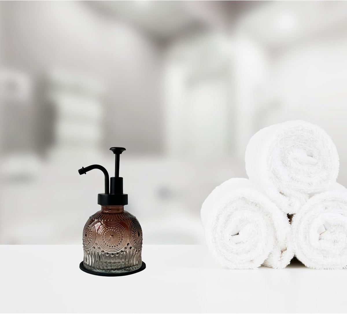 Vintage Glass Soap Dispenser for Bathroom and Kitchen - Farmhouse Antique Style, Cute Small Liquid Hand Soap Pump, Rustic Decorative (Brown)