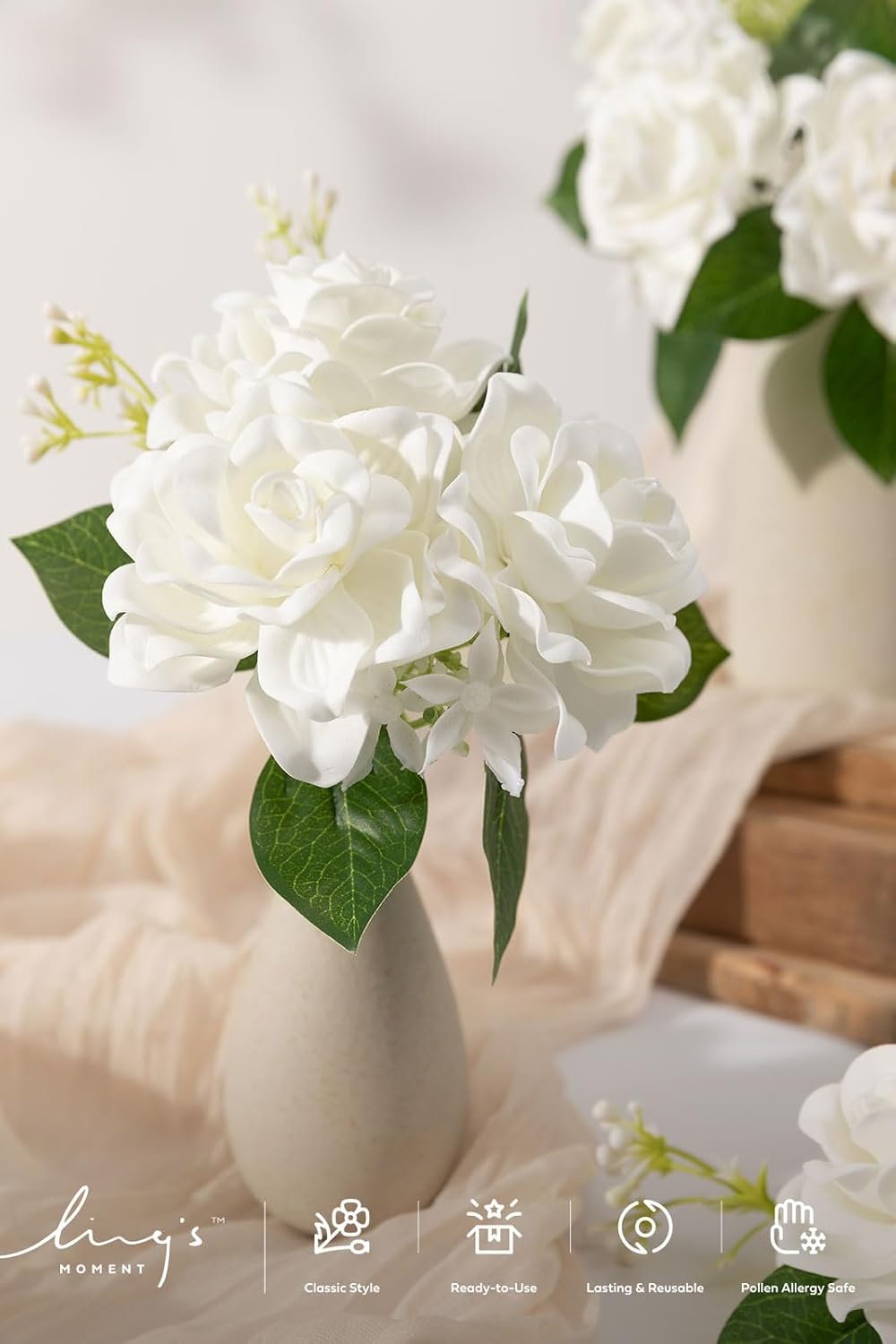 Ling's moment White Artificial Gardenia Flowers with Stems, 25 pcs