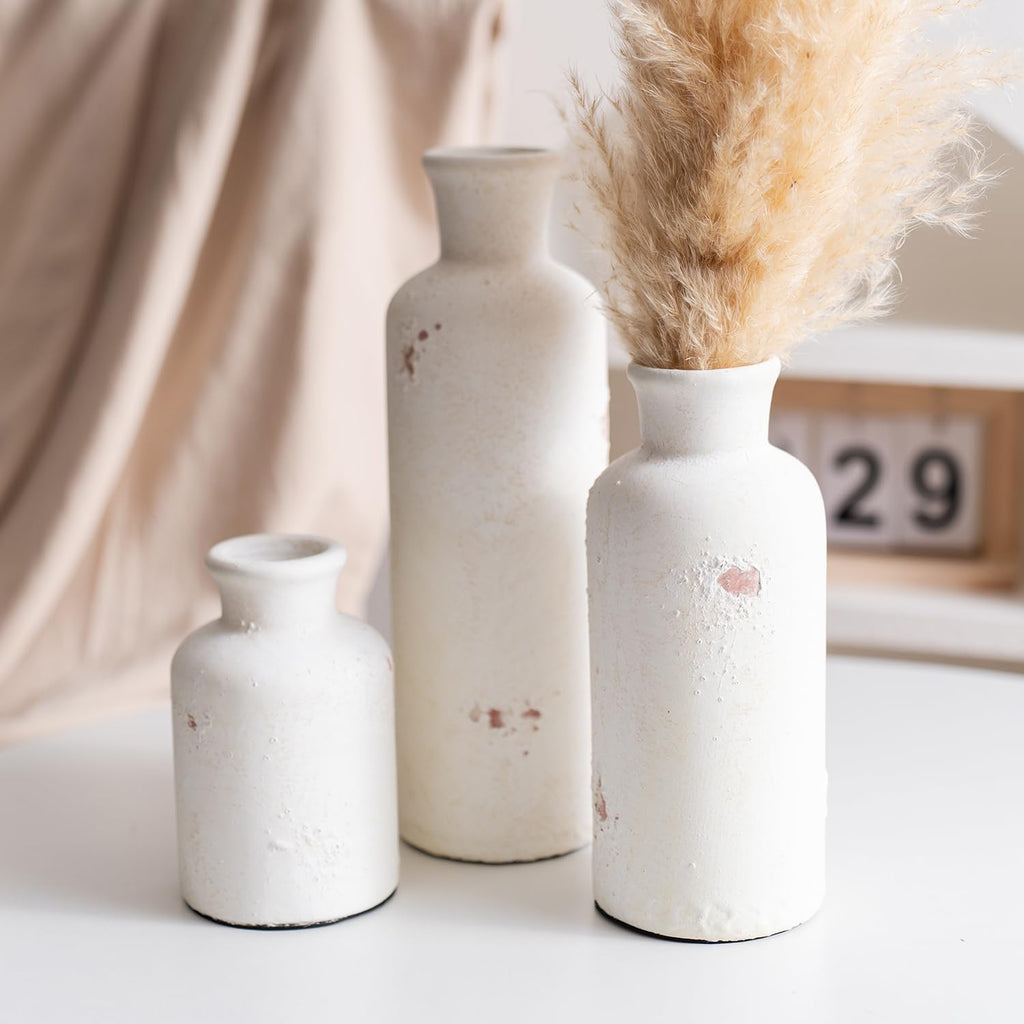 Vintage Ceramic Flower Vase Set of 3, Rustic Farmhouse Vase for Home Decor, Distressed Decorative Vase for Table Entryway Mantel Centerpiece Living Room Bathroom Bedroom (Weathered White)