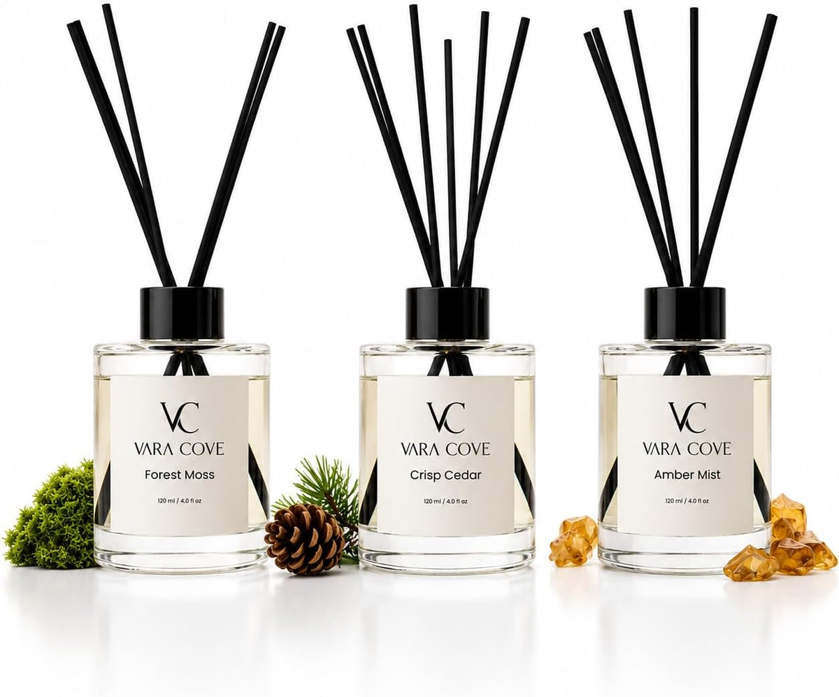 Reed Diffuser Set 3 Pack Premium Reed Diffusers Amber Mist, Crisp Cedar & Forest Moss Scents Long Lasting Home Fragrance Gift Set for Bathroom, Home & Office