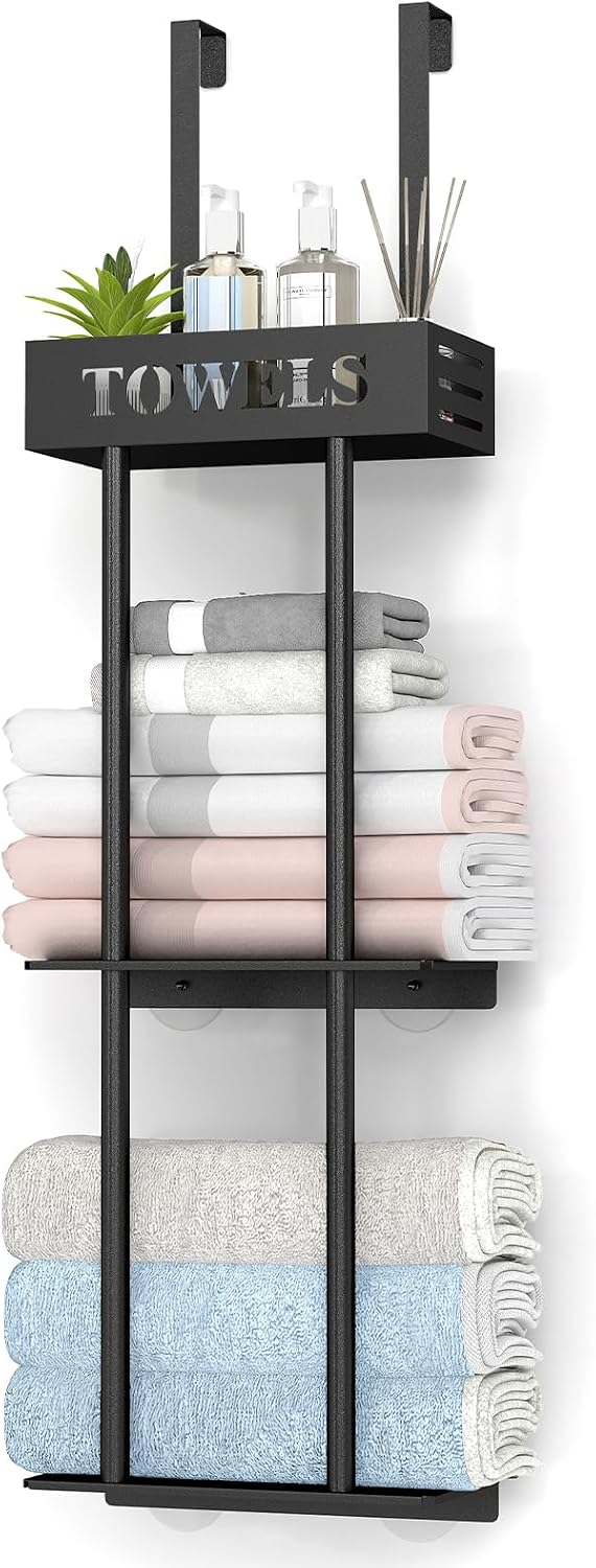 Bethom 3 Tier Over The Door Towel Rack, Hanging Towel Rack, Matte Black