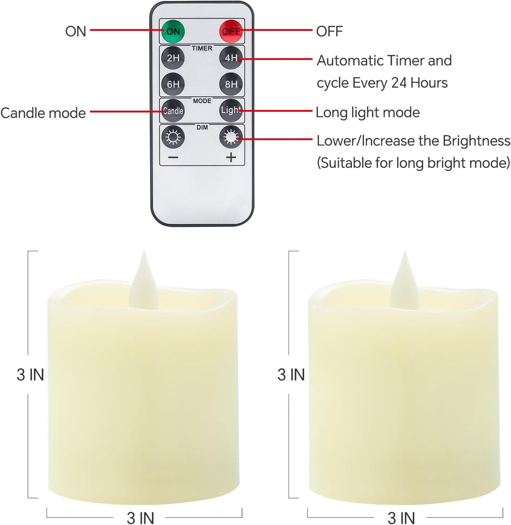 3x3 Flameless Candles with Remote Set of 2, 3 inch Battery Candles Flickering with Timer, LED Pillar Candle for Indoor/Outdoor, Lvory White