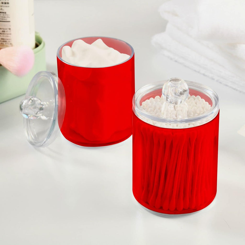 SHJI Red Qtip Holder Organizer Dispenser Cotton Swabs Cans Plastic Jars with Lid Set 2 Pack Bathroom Storage Canister for Cotton Ball Floss Cotton Pads