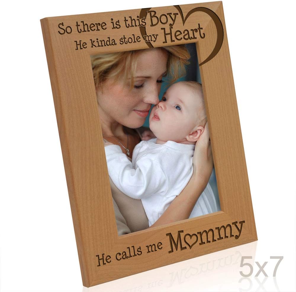 KATE POSH So There is This Boy He Calls me Mommy - Natural Engraved Wood Photo Frame Mother and Son Gifts, Mother's Day, Best Mom Ever, New Baby, (5x7-Vertical)