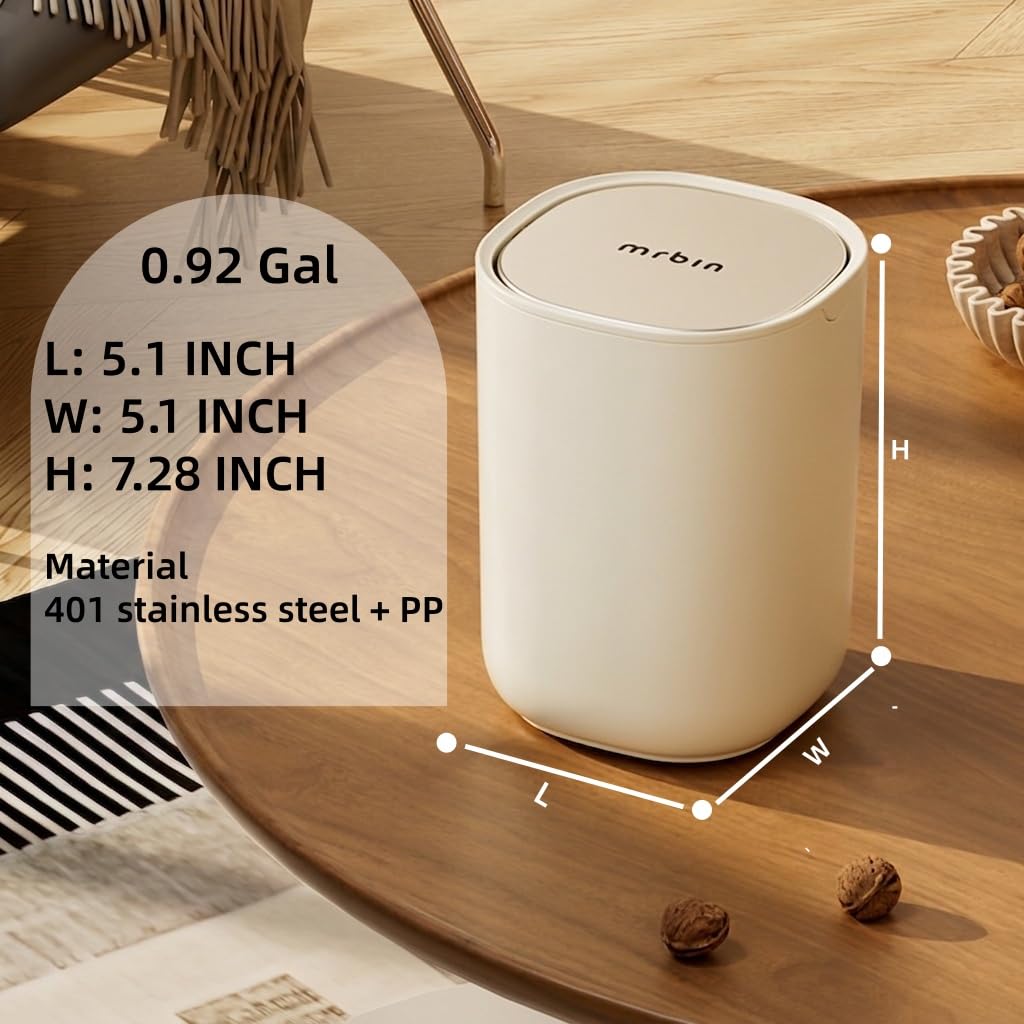 MRBIN Mini Trash Can Desk, 3.5 L/0.92 Gal Table Top Plastic Waste Basket with Stainless Steel Lid, Garbage Bin Small for Car, Bedroom, Coffee Bar, Vanity Countertop, White