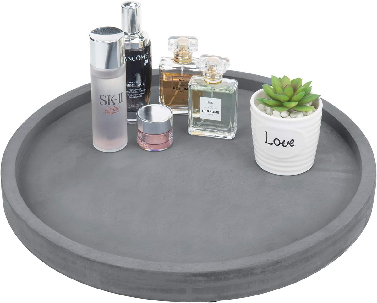 MyGift 16 Inch Round Gray Concrete Decorative Tray for Bathroom Vanity Counter, Living Room Coffee Table or Ottoman, Kitchen Countertop Decor, Candle Holder