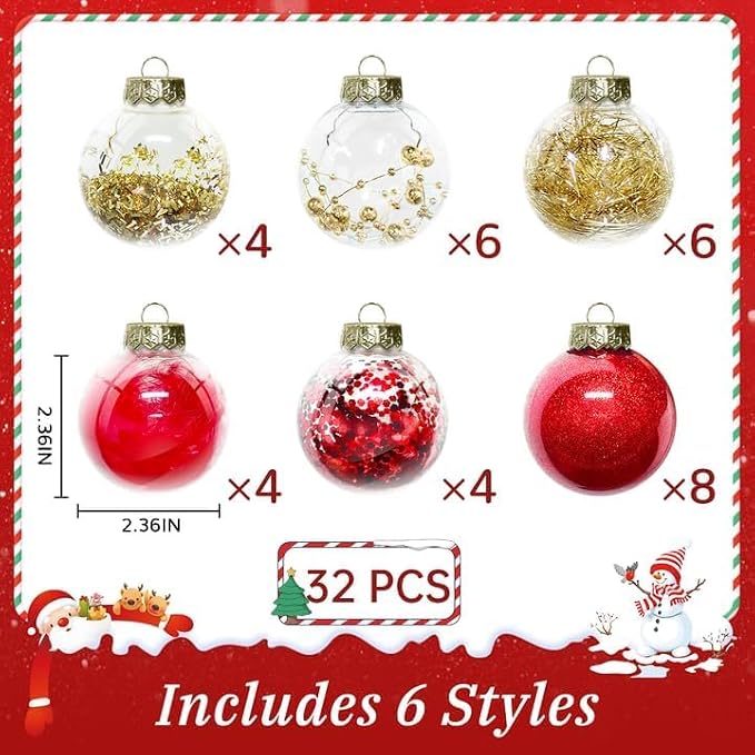 32 Piece Christmas Ball Ornaments Set, Clear Unbreakable Tree Decor