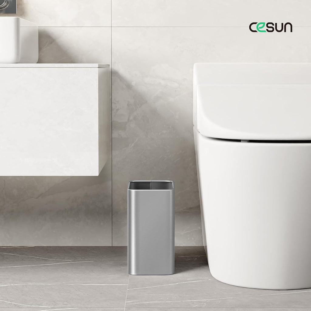 Cesun Small Bathroom Trash Can, 2.1 Gallons, Under Sink Wastebasket, Silver