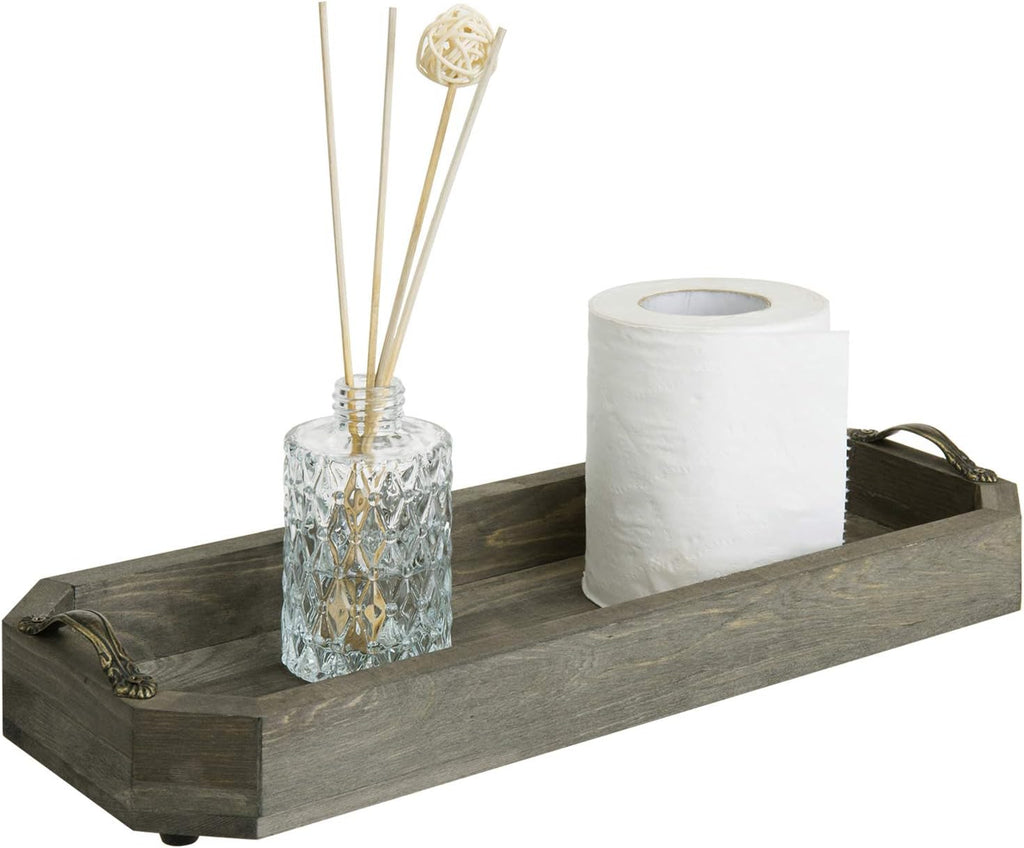 MyGift Rustic Gray Wood Vanity Tray, Toilet Tank Organizer with Handles