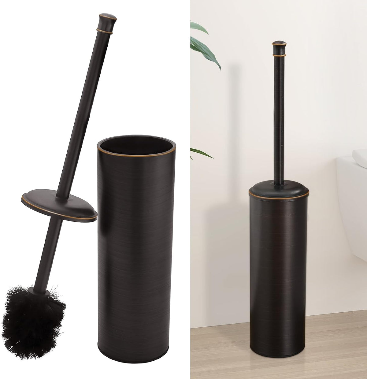 BESy Toilet Brush and Holder, Toilet Cleaner Bowl Set with Two Brush with Extra Long Handle, Durable Bristles Toilet Scrubber and Covered Holder, Drip-Proof Stainless Steel Oil Rubbed Bronze