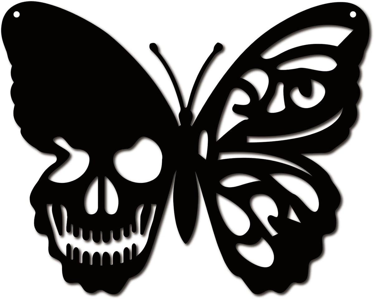 CREATCABIN Skull Butterfly Metal Wall Art Decor Wall Hanging Plaques Ornament Iron Wall Art Sculpture Sign for Indoor Outdoor Home Livingroom Kitchen Garden Office Decoration Gift Black 9.4 x 11.8inch