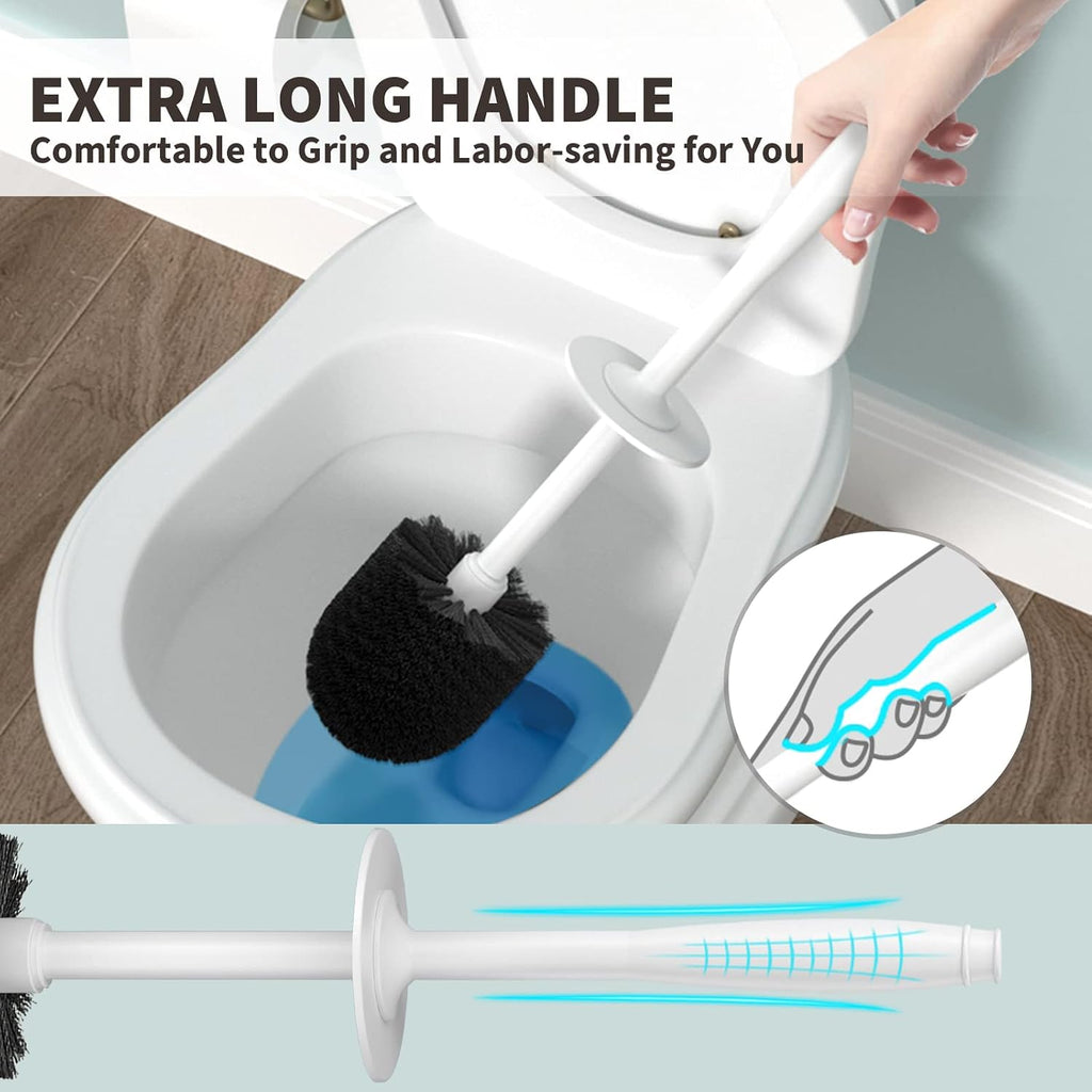 Toilet Brush and Holder 2 Pack, Toilet Bowl Brush with Extra Long Handle, Toilet Scrubber and Covered Holder, Toilet Brushes for Bathroom-Space Saving, Covered Brush, Durable, Deep Cleaning(White)