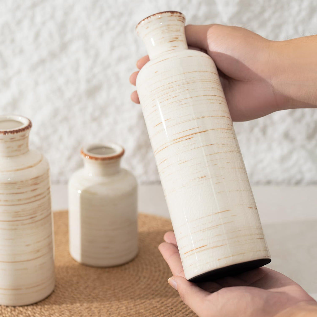 Vintage Ceramic Flower Vase Set of 3, Rustic Farmhouse Vase for Home Decor, Distressed Decorative Vase for Table Entryway Mantel Centerpiece Living Room Bathroom Bedroom (Linen Off-White)