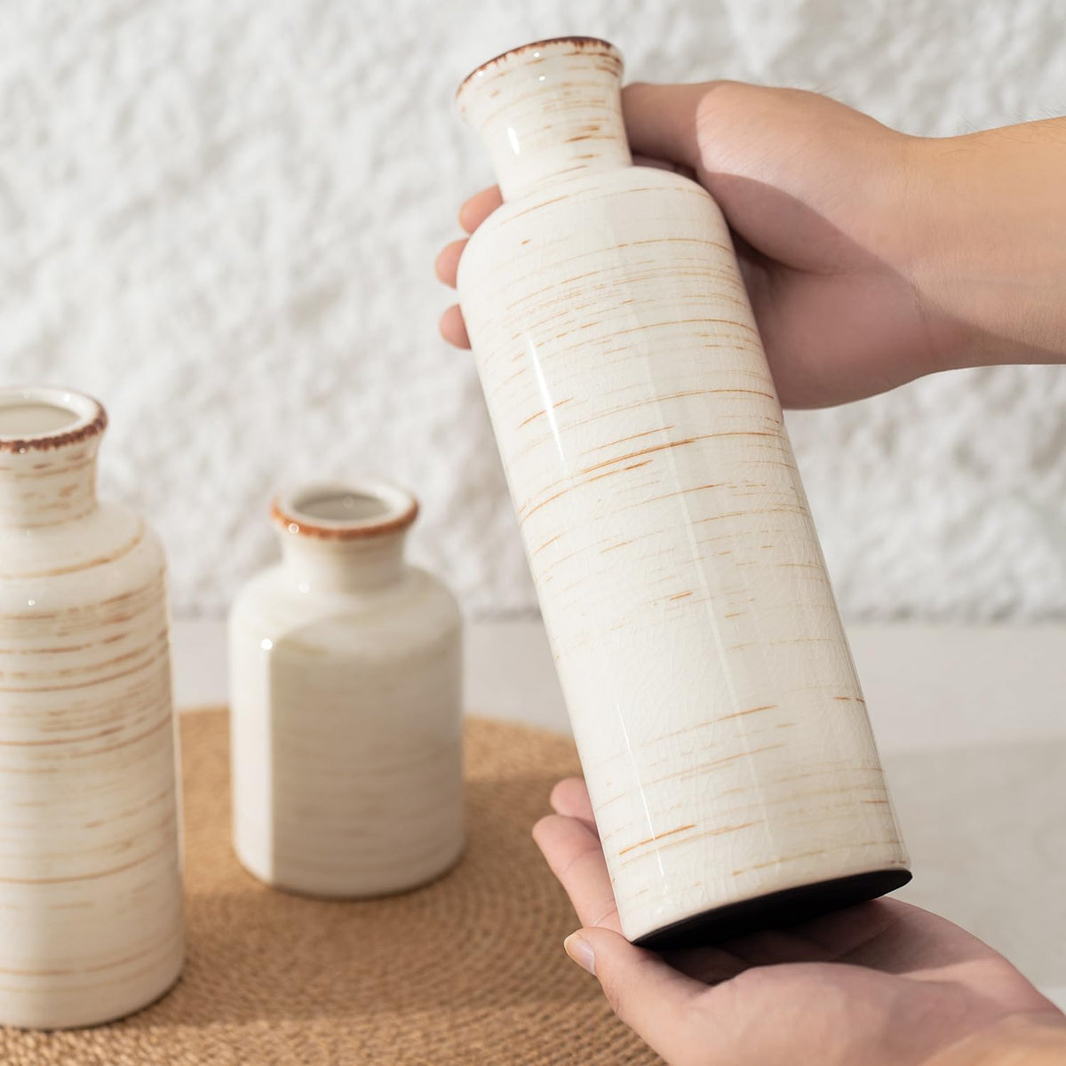 Vintage Ceramic Flower Vase Set of 3, Rustic Farmhouse Vase for Home Decor, Distressed Decorative Vase for Table Entryway Mantel Centerpiece Living Room Bathroom Bedroom (Linen Off-White)