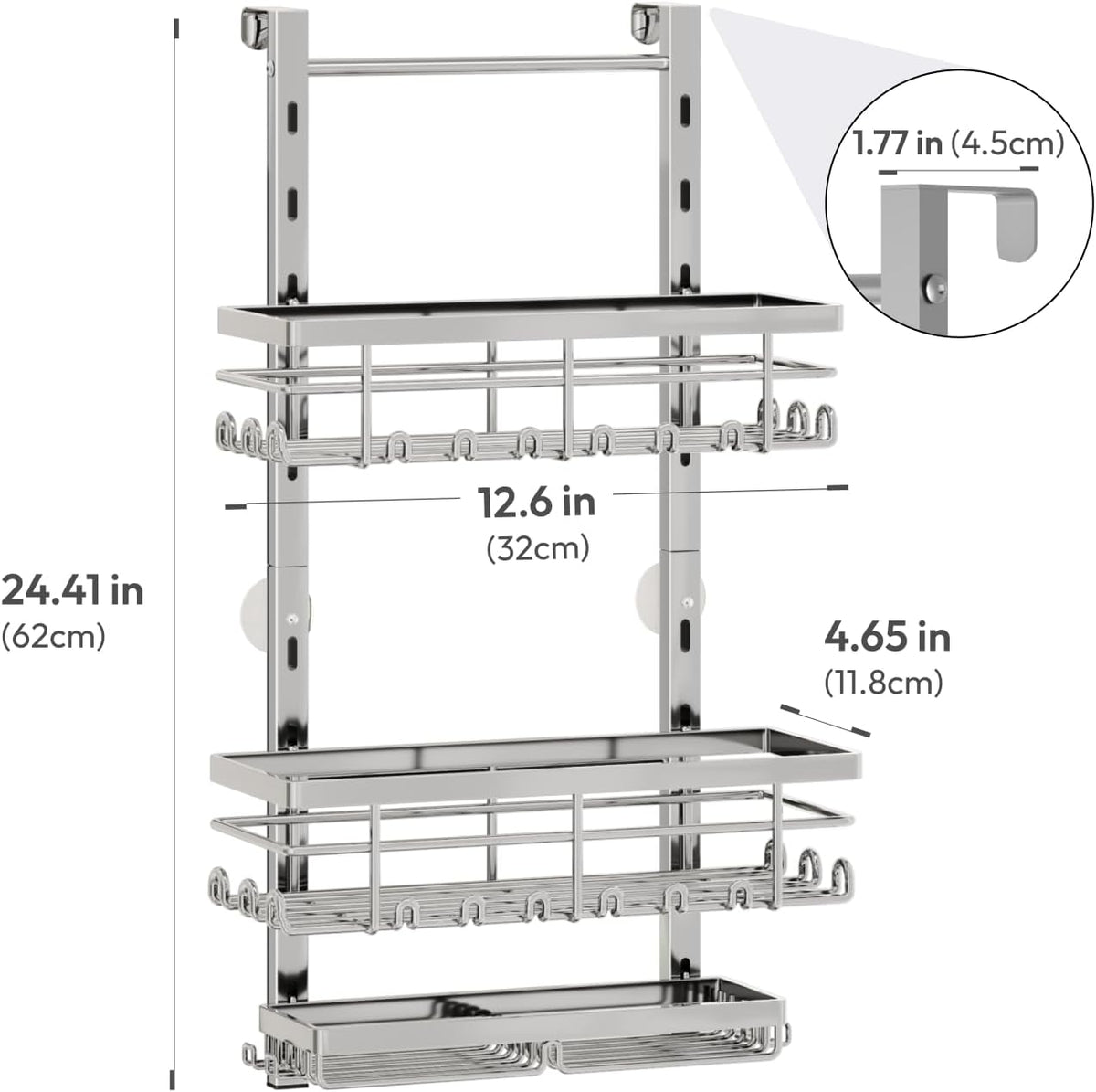 SWTYMIKI Over The Door Shower Caddy - 3 Tier Rustproof Hanging Shower Organizer with Adjustable Shelves, 28 Hooks & Soap Holder, Hanging Shower Rack Storage for Bathroom Accessories, Silver