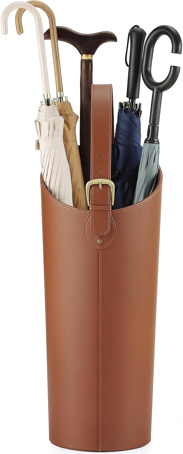 Brown Artificial Leather Tall Umbrella Holer Entryway Indoor for Business Office,22.4 Inch Umbrella Stand Entryway with Removable Water Tray 2 Hooks